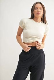 MONO B Essential Micro-ribbed Cropped Athleisure Tee (Color: NATURAL, size: L)