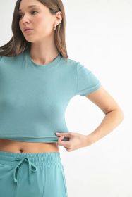 MONO B Essential Micro-ribbed Cropped Athleisure Tee (Color: GREY TEAL, size: L)