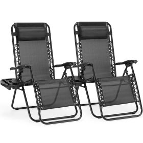 Set of 2 Zero Cravity Lounge Chairs,Outdoor Patio Folding Recliners for Pool Beach with Pillow and Cup Holder (Color: BLACK)